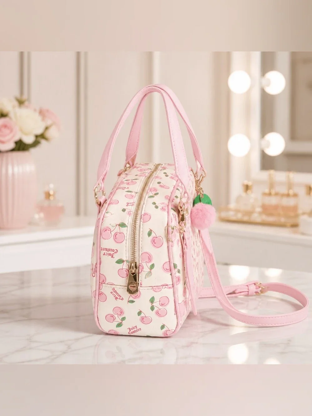 Juicy Couture Pink Cherry Print Dome Satchel Bag